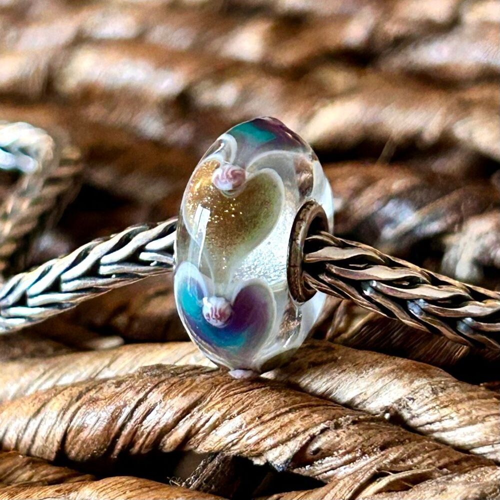 TROLLBEADS Glitter Heart Trail Unique w Buds LAA 925S NEW, Gold Purple Turquoise